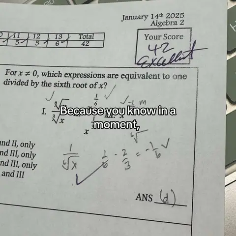 Cover image shows a close-up of a student's Algebra 2 test paper. The paper has multiple choice questions and the student has scored a 42/Excellent. Additional text has been added as a hook.