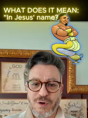 A man with glasses is looking directly at the camera, in front of him is a framed painting, and on the right is an animated genie character.