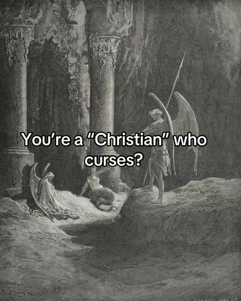 A grayscale image depicts a classical scene with an angel-like figure holding a weapon, a human-like figure with wings, and other figures in a dark, cavernous setting. Text overlays the image, creating a thought-provoking contrast.