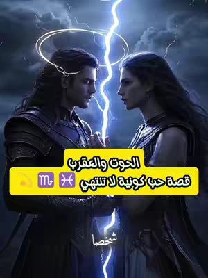The cover image features a digital illustration with a dark, ethereal theme. A male figure with long dark hair, clad in armor, faces a female figure with similar features. They are positioned in front of a stormy background, with lightning striking between them. The text is overlaid in a yellow text box, which includes text in arabic, and the astrological signs for Pisces and Scorpio.