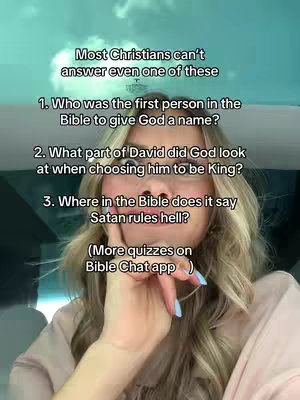 A selfie-style video cover image featuring a young woman with blonde hair. She is in front of a light blue background, likely outdoors or near a window. Text overlays present quiz questions related to the Bible. The woman is looking at the camera with a slight smile, and her hand is near her face.