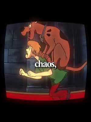 The cover image features an animated scene from the cartoon 'Scooby-Doo'. Shaggy is depicted running with a frightened expression, while Scooby Doo is perched on his back, also looking scared. The word 'chaos,' is overlaid in white, script-like font. The scene is framed within a simulated television screen, adding to the retro aesthetic, and the background is dark.