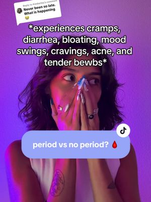 A woman with dark hair and multiple silver rings on her fingers covers her mouth, looking upwards with a concerned expression. Text overlays provide context about irregular periods, and a speech bubble from a viewer asks 'What is happening.'