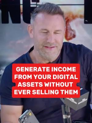 A man in a navy blue shirt with a red rectangle text overlay reading 'GENERATE INCOME FROM YOUR DIGITAL ASSETS WITHOUT EVER SELLING THEM'. Behind him is a blurred background.