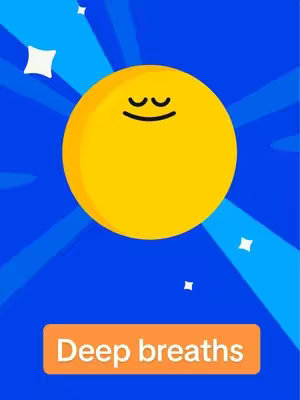 The cover image depicts a yellow circle, symbolizing the sun with two curved lines making a smile and eyes closed. It is set against a background that shows blue radial beams. A rectangular orange block at the bottom contains the text 'Deep breaths'.
