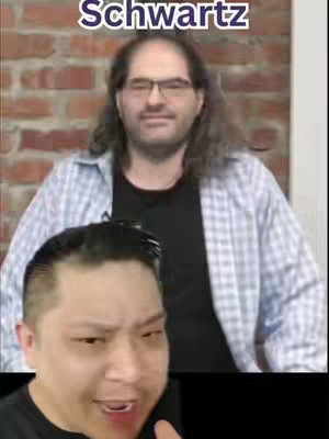 The cover image is a split screen, layering two faces. The top half features a man with long hair and glasses seated against a brick wall background, while the bottom half displays a second man from the face down, with a slight smile. The word "Schwartz" is overlaid at the top.