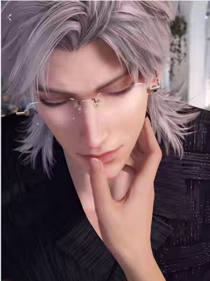 A close-up of a stylized male character with silver hair and glasses, gazing downwards with a contemplative expression. His hand gently touches his chin.