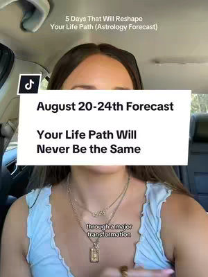 A woman is filmed inside of a car talking to the camera. A text overlay is present in front of her and is split into different boxes that say different phrases. She is wearing a blue top with a necklace and has dark hair, she is looking directly at the camera.