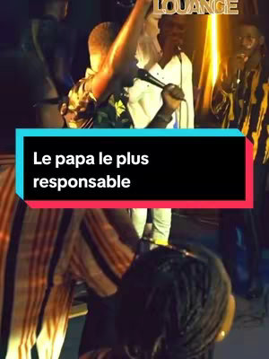 The cover image shows a live performance on a stage with an artist singing into a microphone. Text overlayed across the image reads, 'Le papa le plus responsable' in a teal rectangle. A background of warm stage lighting and other performers is also visible.