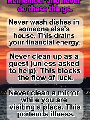 An image with a sunset background, featuring three text boxes with advice over the setting. The top text box is purple and says 'Remember and never do these things'. The following boxes give rules and pieces if advice in bold white font over a light gray background.