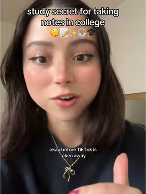 A young woman with dark hair and fair skin is centered in the frame, looking directly at the camera. Text overlays highlight a study secret with emojis above her head. The background is blurred, suggesting a casual setting, and she wears a black top and a necklace.