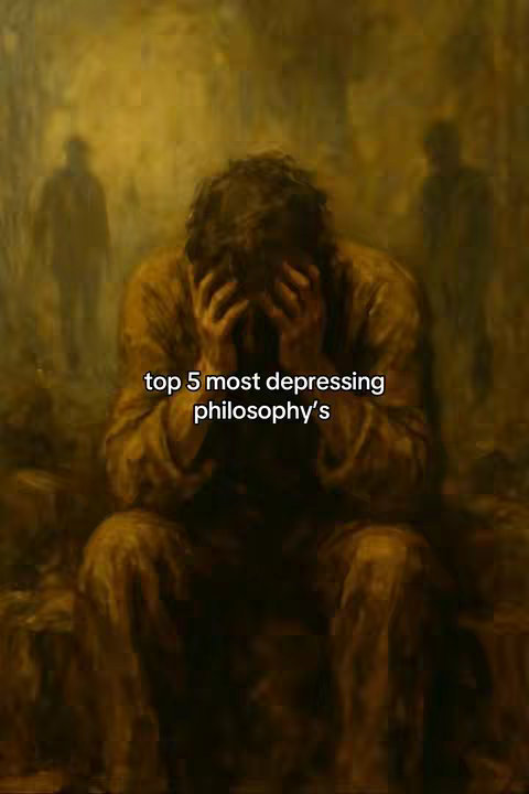 The image is a painting with a dark and muted color palette, focused on a figure in the foreground. The main subject is a person seated, hunched over with their head in their hands, suggesting despair or deep contemplation. Their clothing appears worn and of a neutral color. Behind them are indistinct figures, giving the impression of other people in the background. The overall composition is somber, with a vintage filter.