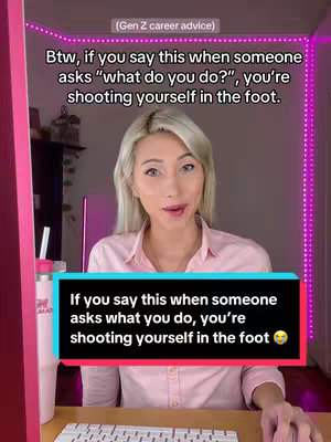 A woman with blonde hair and a pink shirt looks directly at the camera against a background with pink and white light. Text overlays are present, including an intro and a caption.