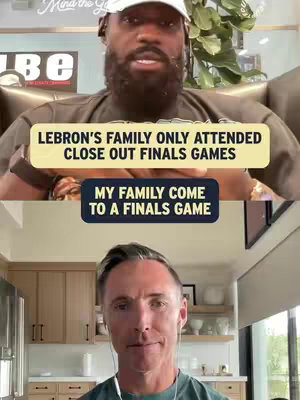The cover image is a split view featuring two men. At the top, a close-up of LeBron James, wearing a white cap and looking downwards with a focused expression as two text boxes overlay the image. The bottom section shows a man in a green shirt looking up and smiling while speaking. The background consists of a kitchen setting.