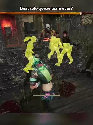 A video game screenshot shows a character facing away, viewed from slightly above. Three yellow glowing figures are superimposed on the scene, indicating the other players. The background features a decrepit, textured wall with some fire in the distance. Text at the top reads 'Best solo queue team ever?'