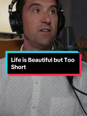 Image shows a man wearing a headset and speaking into a microphone. A text overlay reads "Life is Beautiful but Too Short" in white text against a black background framed by a blue and red outline.