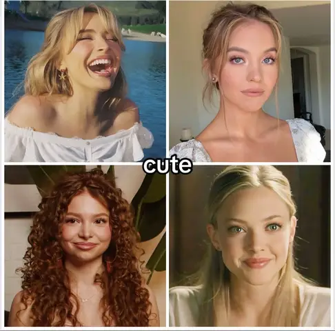 The image is a collage featuring four portraits of different women in a grid arrangement. The top left shows a woman with blonde hair laughing, to the right is a woman with blonde hair and light makeup, the bottom left shows a woman with red curly hair. The bottom right shows a woman smiling with blonde hair, a white top and pale skin. The word 'cute' is written in the middle.