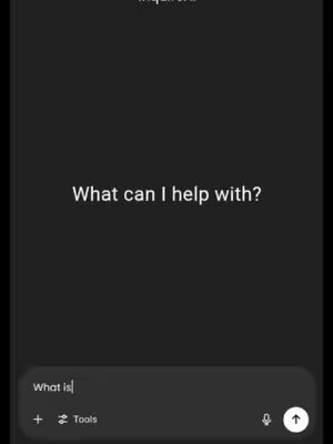 A screenshot of a phone screen with a dark grey background. The text "What can I help with?" is at the top, written in white, and the user is in the process of typing "What is" at the bottom, just above the tools and send button.