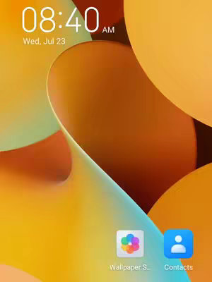 The image shows a phone's home screen with vibrant, abstract wallpaper in shades of yellow, orange, and a touch of blue. The time display at the top reads "08:40 AM" on "Wed, Jul 23". Two app icons are visible at the bottom, one with a colorful palette and the other a stylized person.