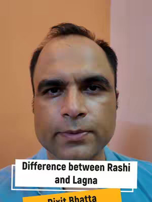 A man in a blue shirt is centered, looking at the camera against a neutral background. The video title overlayed on screen reads: 'Difference between Rashi and Lagna'.