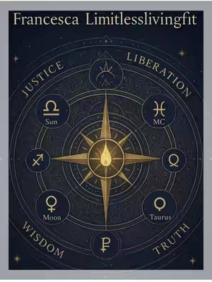 A circular graphic design featuring astrological symbols and text. The design has a dark blue background with ornate gold-colored lines and elements. In the center, there's a compass-like starburst emanating from a central point with a gold teardrop. Surrounding the starburst are various astrological symbols and text labels like 'JUSTICE,' 'LIBERATION,' 'WISDOM,' and 'TRUTH.' The text 'Francesca Limitlesslivingfit' is at the top of the image.