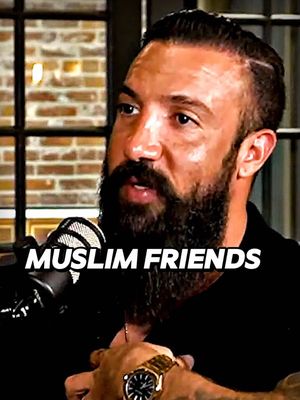 A man with a dark beard and a serious expression is filmed from the chest up, holding a microphone. The text 'MUSLIM FRIENDS' is layered over the image in a bold, white font. The background is a brick wall through a window or doorway.