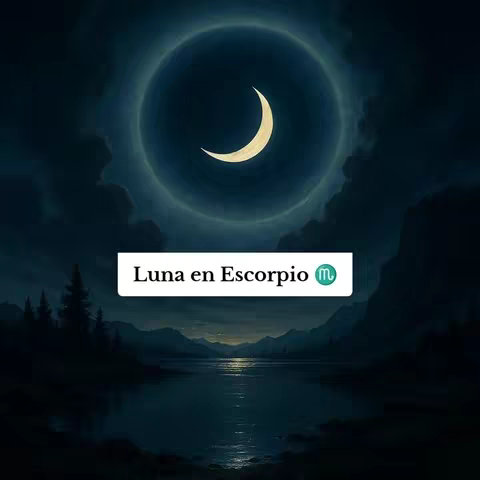 The image shows a crescent moon in a dark, cloudy sky. Below, a horizontal white banner displays the text "Luna en Escorpio". The scene appears to be a night landscape with trees and water, all rendered in dark blues and blacks, creating a mystical atmosphere.