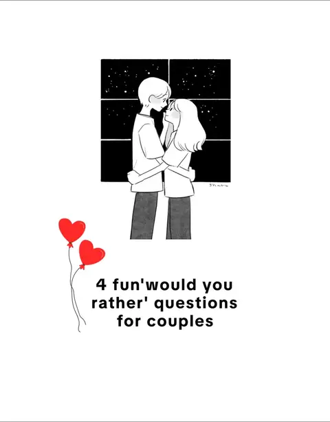 Illustration of a couple embracing in front of a window. The sky outside the window is filled with stars. Two red heart-shaped balloons are positioned at the bottom left, and text is at the bottom center.