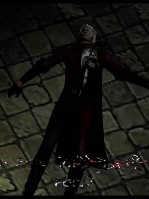 A character from a video game, dressed in a dark red coat, is shown in low-light with arms outstretched and head tilted upwards, in front of stone flooring. The image is a screenshot from a video game scene with the character shown as the center of attention. The overall composition uses dark colors and shadowed areas for dramatic effect.