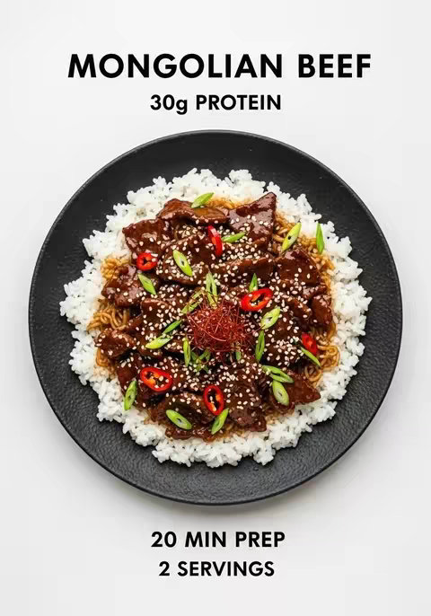 A top-down shot of a black plate filled with white rice topped with brown Mongolian beef. The beef is garnished with sesame seeds, green onions, and red chili slices. The plate sits on a white background.