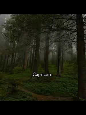 An image of a dark forest with tall, slender trees. The forest floor is covered in green vegetation. Text overlayed on the bottom says 'Capricorn' in a white font.
