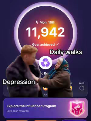 The image depicts two figures, a man and an older woman, seemingly portraying depression and daily walks, respectively, in contrast.