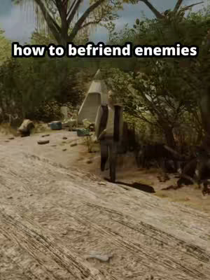 A man is shown walking along a dirt path in a forest-like environment. Overlaid on the image is the text 'how to befriend enemies' in a white font.