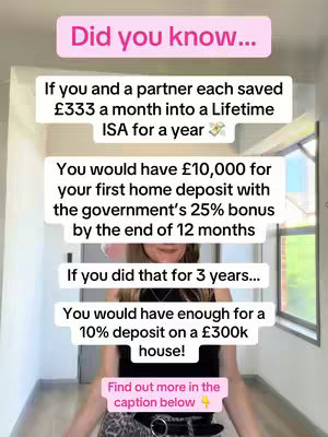 A vertical video image, possibly a selfie, captures a woman from the chest up, set against a background of a modern home. She stands in a bright room and appears in the middle of the scene. Five rectangular blocks with white text over a light pink background with rounded corners are overlaid on the image. These blocks present financial facts and claims. Text in black font against the light pink background adds contrast to catch the viewer's attention.