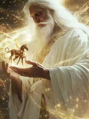 An AI-generated image of a bearded man in white robes, resembling a biblical figure, holding a golden horse-like creature in his hands. The background is a celestial swirl of gold and light, with sparkling effects. The man looks down serenely at the horse, bathed in an ethereal glow.