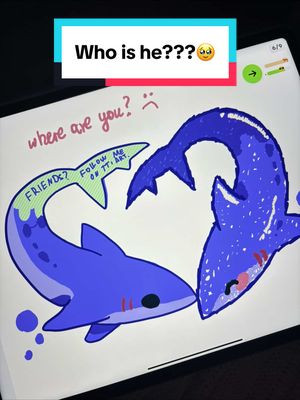 The image shows a digital illustration of two blue cartoon sharks in a heart-shaped arrangement, possibly with a pink blush on one. The background is a white iPad-like surface. There is a text overlay in a rectangular box.
