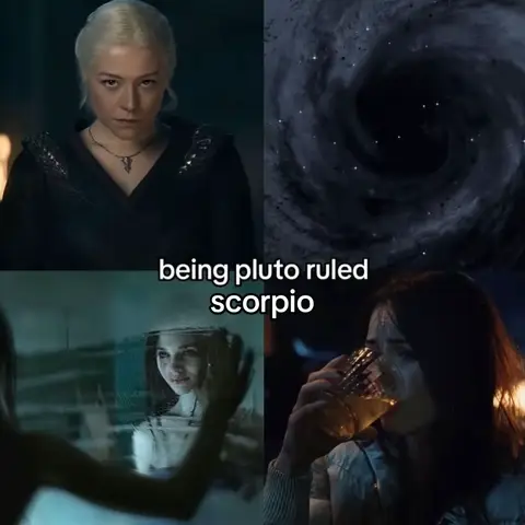 The cover image is a square divided into four quadrants featuring various images and text. The top left shows a woman with blonde hair in a dark outfit, staring intensely. To the top right, a dark, swirling image resembling a nebula. The bottom left depicts a woman with a translucent layer over her, mirroring the top right image, and bottom right a woman drinking from a glass. Centered on top of the image is the text, 'being pluto ruled scorpio'.