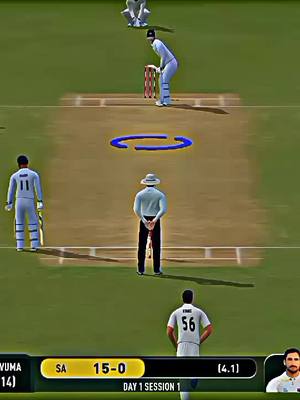 A cricket match is in progress on a green field, with players in uniform, and an umpire standing between the wickets, with score displayed on the bottom.
