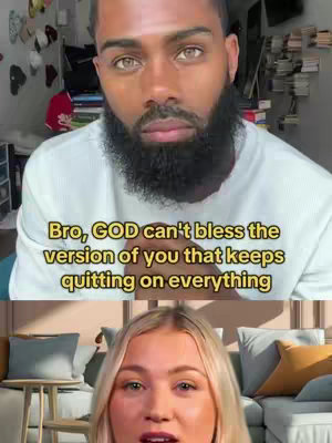 The image is split into two frames. The top frame features a close-up of a man with a dark beard and a serious expression. Overlayed on him is a yellow text. The bottom frame shows a woman with blonde hair looking up at the top frame with a surprised look.