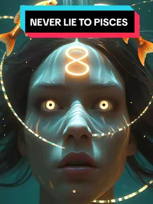 An AI-generated close-up of a human-like figure with glowing white eyes, a teal-toned face, and the astrological symbol for Pisces (∞) on their forehead. The background is a teal gradient, and two golden fish are positioned near the ears with golden accents. The top features a black banner with white text.