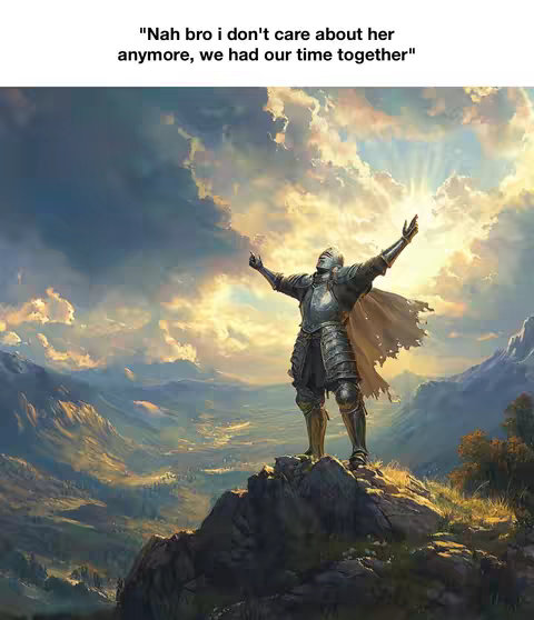 An artistic digital painting depicts a knight in shining armor standing triumphantly atop a rocky peak, with arms outstretched towards a brilliant sunburst. The background reveals a vast landscape with rolling hills, mountains receding into the distance, and a cloudy sky.