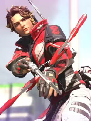 The image features a character from Apex Legends holding two arrows, one in each hand, and wearing a red and black outfit with armor elements, with a skull emblem on the shoulder. The character has flowing brown hair and fair skin.