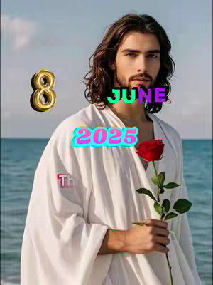 The image features a man with long, dark hair, dressed in a white robe, and holding a red rose. Text overlays indicate the date '8 June 2025'. The background suggests a beach with blue water and sky.