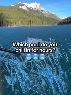 A scenic view of a clear blue lake and snow-capped mountains in the background. The foreground is filled with textured ice formations. Text overlaid on the image asks a question about chilling by a pool.