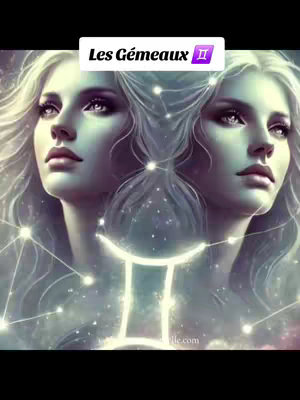 The image features two mirrored female figures with long, flowing hair, set against a backdrop of stars and nebulas. Overlayed on the image is a white rectangular box with the words "Les Gémeaux" in bold text. The Gemini symbol is displayed within the box, adding a thematic element. The overall composition is ethereal and celestial, with a color palette dominated by blues, purples, and whites.