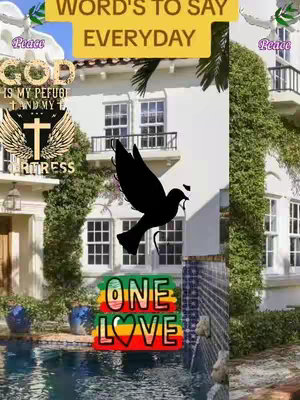 The image features a white building with a pool in the foreground. A black dove is flying in the foreground. There are overlayed text elements and graphic elements. The word "Peace" is shown in a white font. The text "ONE LOVE" is shown on a colored heart-shaped graphic.