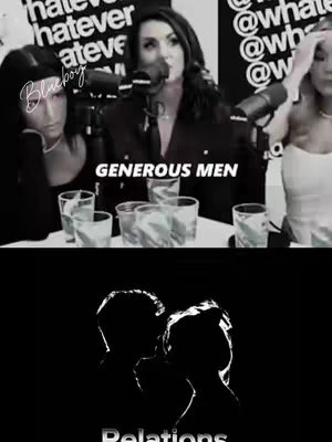 The image is a split-screen. The upper portion is a black and white shot featuring three women seated at a table with microphones and glasses of water. The text overlay reads 'GENEROUS MEN'. The background shows the logo '@whatever' repeated. The lower part is a black background with a white silhouette of couples