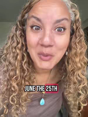 A selfie-style video cover featuring a woman with curly brown hair. She has fair skin, expressive brown eyes, and is directly facing the camera. Her lips are slightly parted, and she appears to be speaking. She wears a necklace with a turquoise pendant. The overlay text states "JUNE THE 25TH" in a red box, placed centrally.