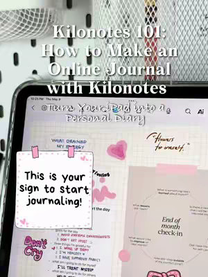 The cover image features a tablet displaying a digital journal setup within the Kilonotes app. Text overlays in a handwritten style guide the viewer. There is a light, clean aesthetic dominates, with pink and softer tones, and decorative elements like hearts and a notepad.