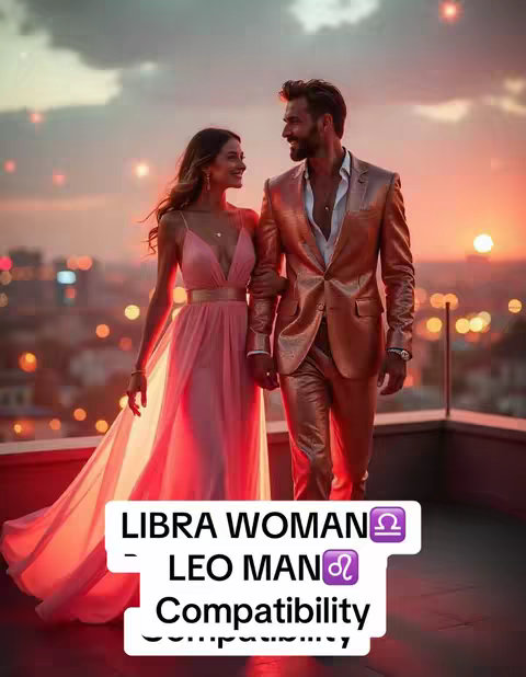 A digitally enhanced illustration depicting a man and a woman standing on a rooftop terrace at sunset. The woman, on the left, is wearing a flowing, light pink dress, and the man, on the right, is in a gold-colored suit. They are looking at each other and holding hands. The background features a cityscape with blurred lights and a colorful sunset sky, with text overlayed at the bottom.